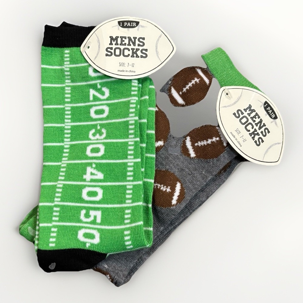 NWT 2 Pair Men's Socks Football Super Bowl Yards Novelty Green Gray 10-13 USA